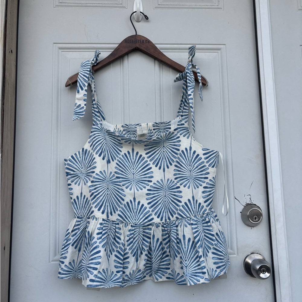 Joie Cream and Blue Tie-Shoulder Peplum Camisole